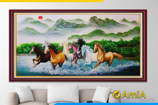 tranh sơn dầu bát mã ngựa phi trên nước