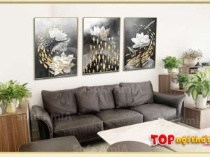 Bức tranh hoa sen trắng và cá đẹp in canvas in gỗ TraTop-3065